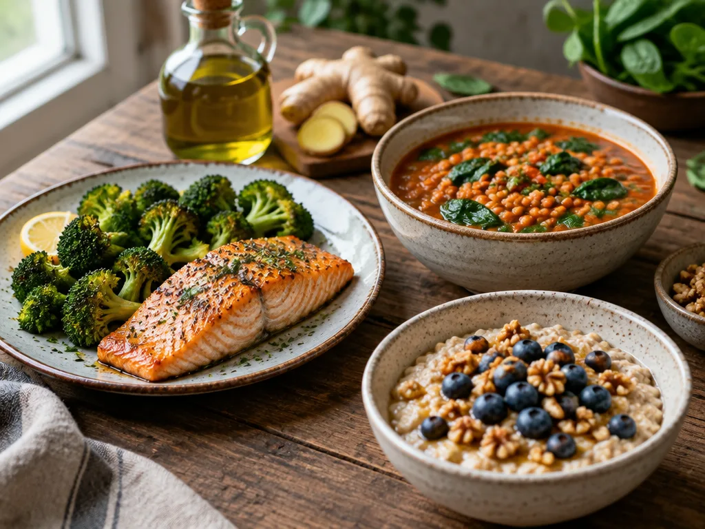 Ugnsbakad lax med broccoli, linsgryta med spenat och gröt med blåbär på ett rustikt träbord