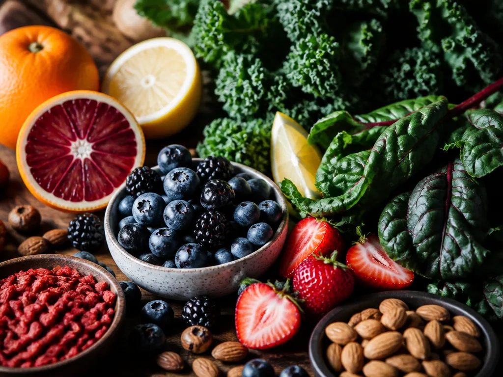 Bär, mörkgröna bladgrönsaker, nötter och citrusfrukt upplagt på ett träbord, exempel på livsmedel rika på antioxidanter