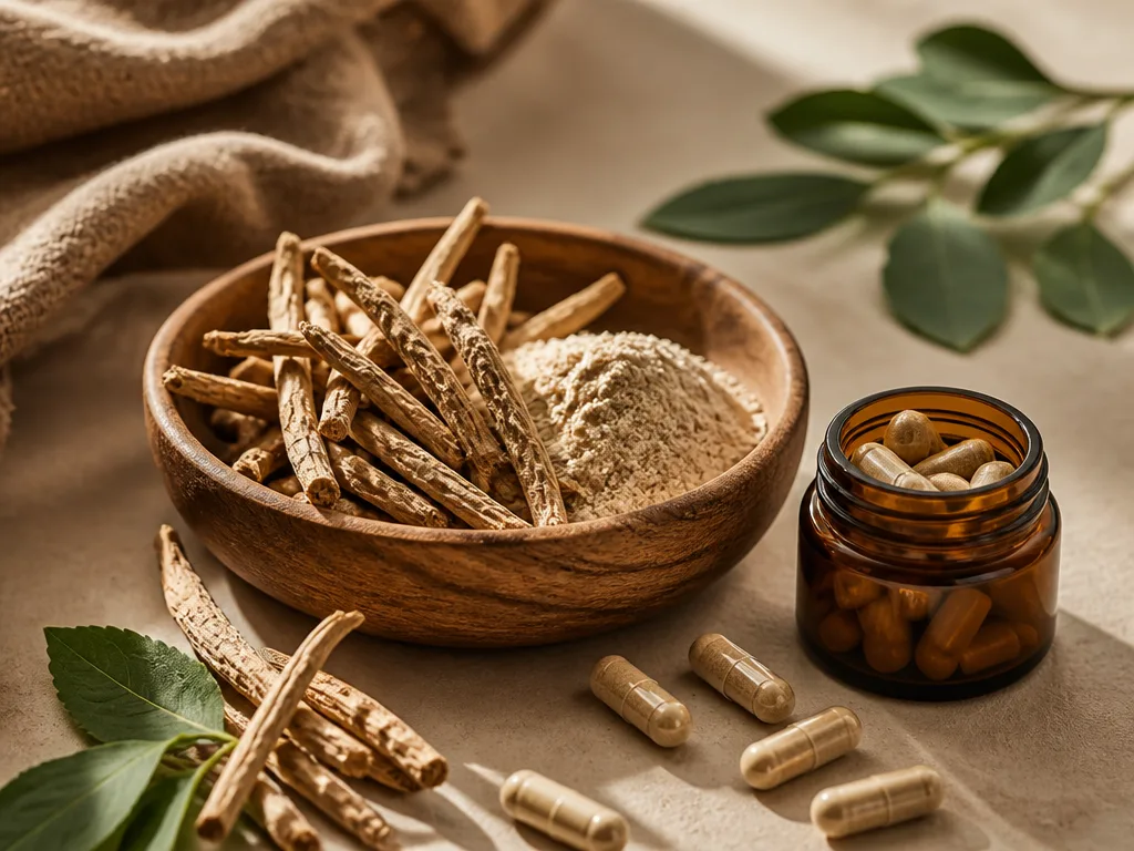 Ashwagandharot och pulver i en träskål bredvid en burk kapslar i varmt ljus
