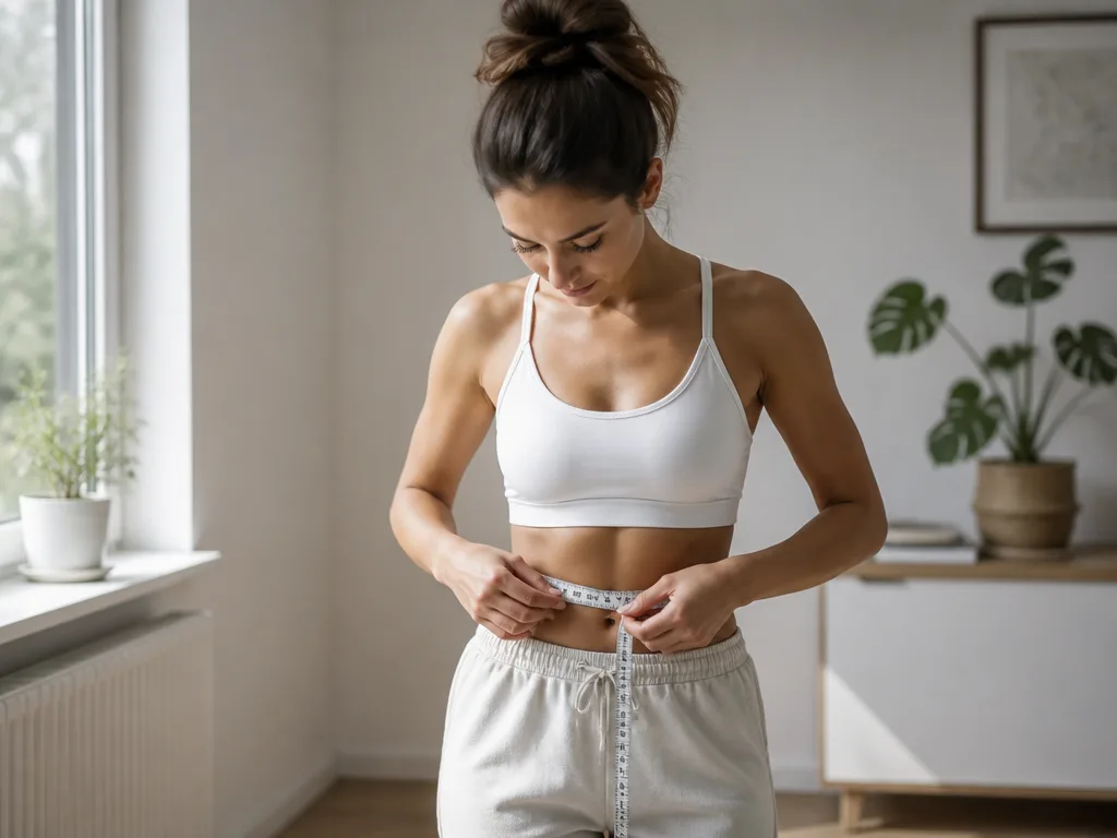 Kvinna mäter sitt midjemått med ett mjukt måttband i ett ljust, minimalistiskt hem på morgonen