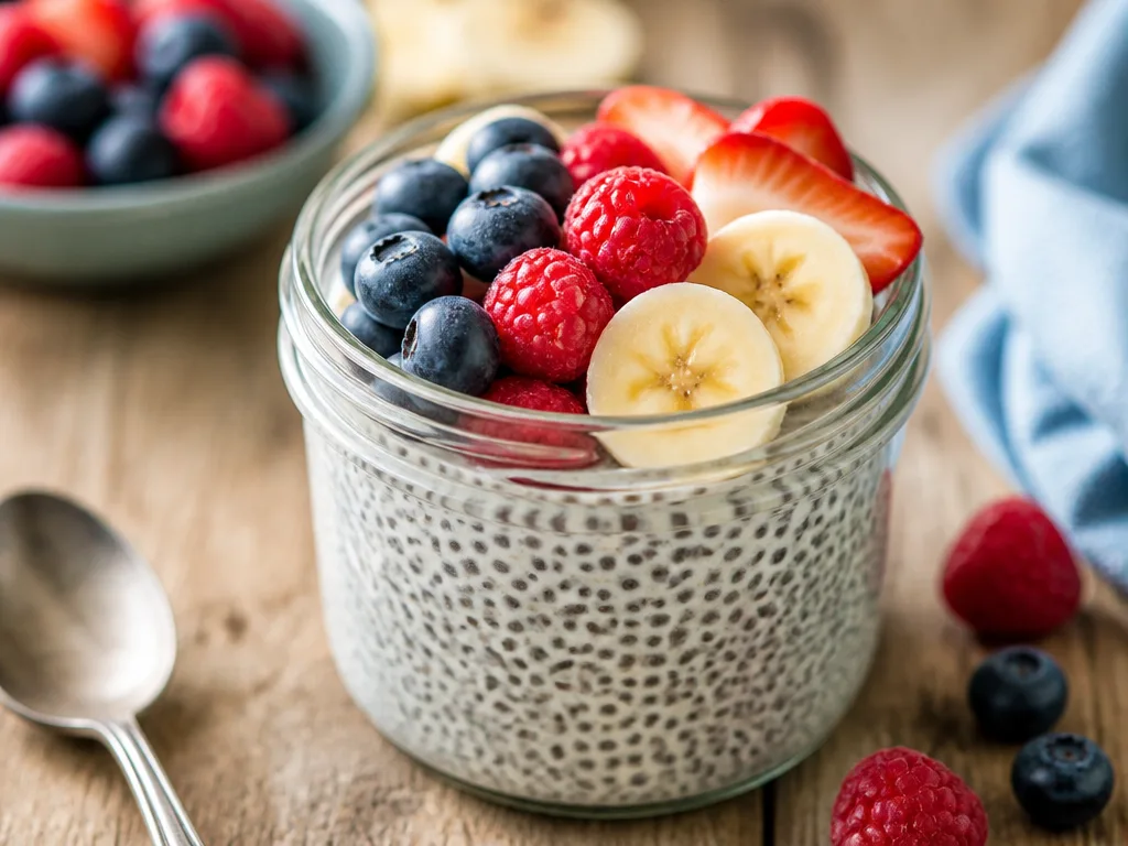 Chiapudding i glasburk toppad med färska bär och banan, chiafrön synliga i puddingen på ett träbord i mjukt morgonljus