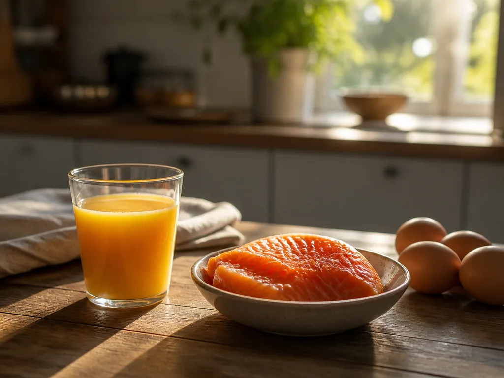 Morgonljus över ett köksbord med lax, ägg och ett glas juice, d-vitaminrika livsmedel