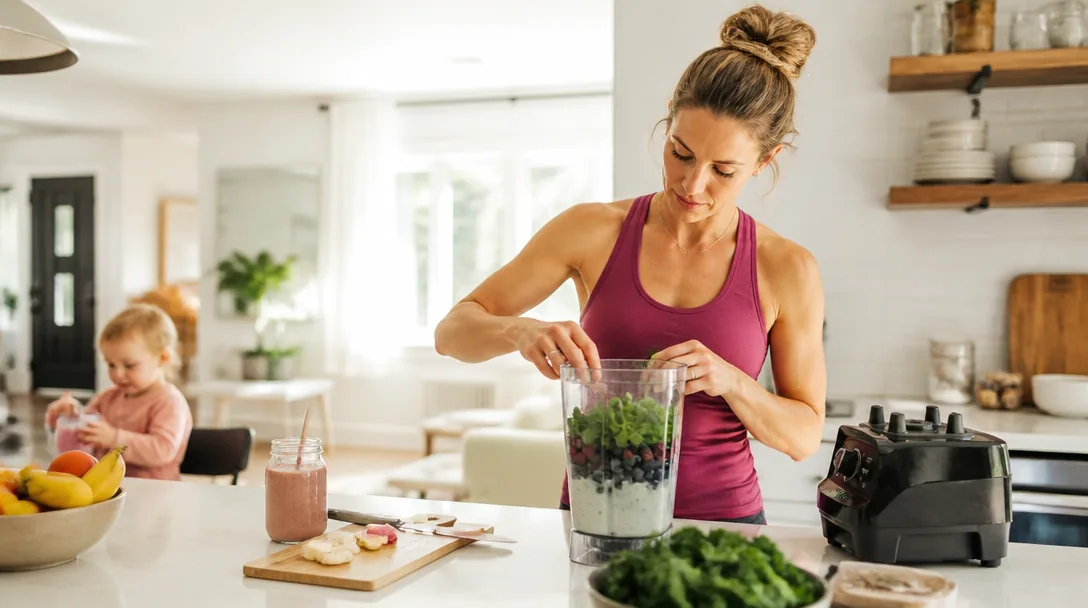 Färgglad näringsrik måltid och smoothie på en ljus köksbänk
