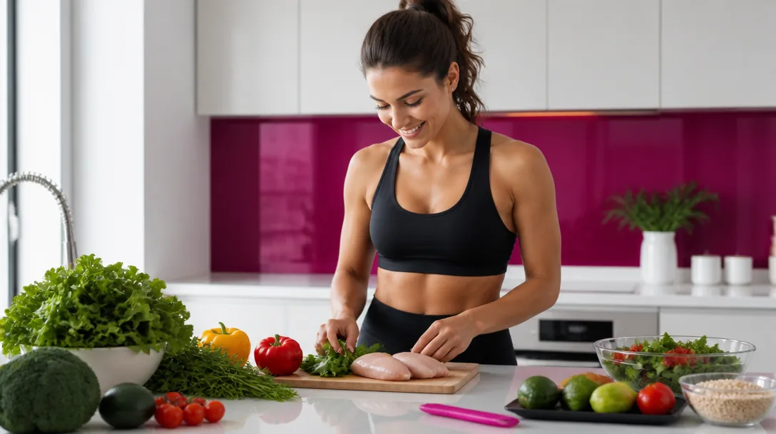 Kvinna lagar hälsosam mat med grönsaker och protein i ett ljust kök – enkla matvanor för hållbar viktnedgång