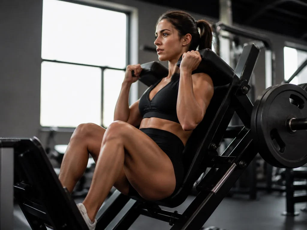 Kvinna utför hack squat i gymmaskin, fokuserat uttryck, naturligt ljus, gymiljö