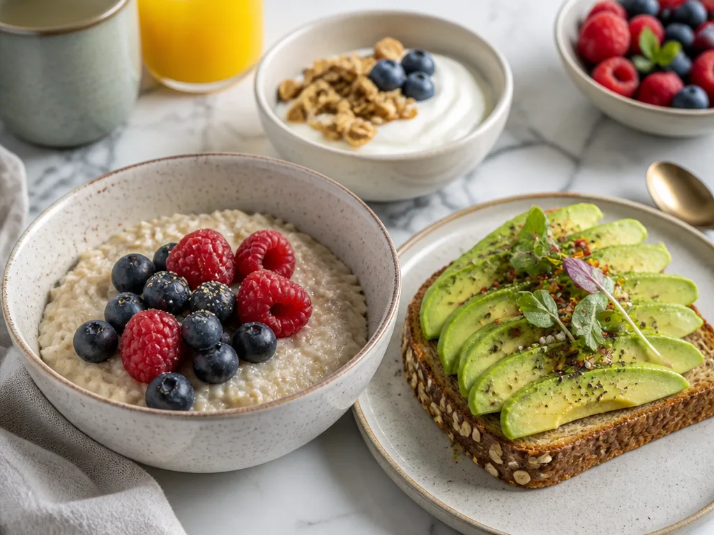 Hälsosam frukost med havregrynsgröt, bär, avokadotoast och yoghurt på ett vitt marmorunderlag i mjukt morgonljus