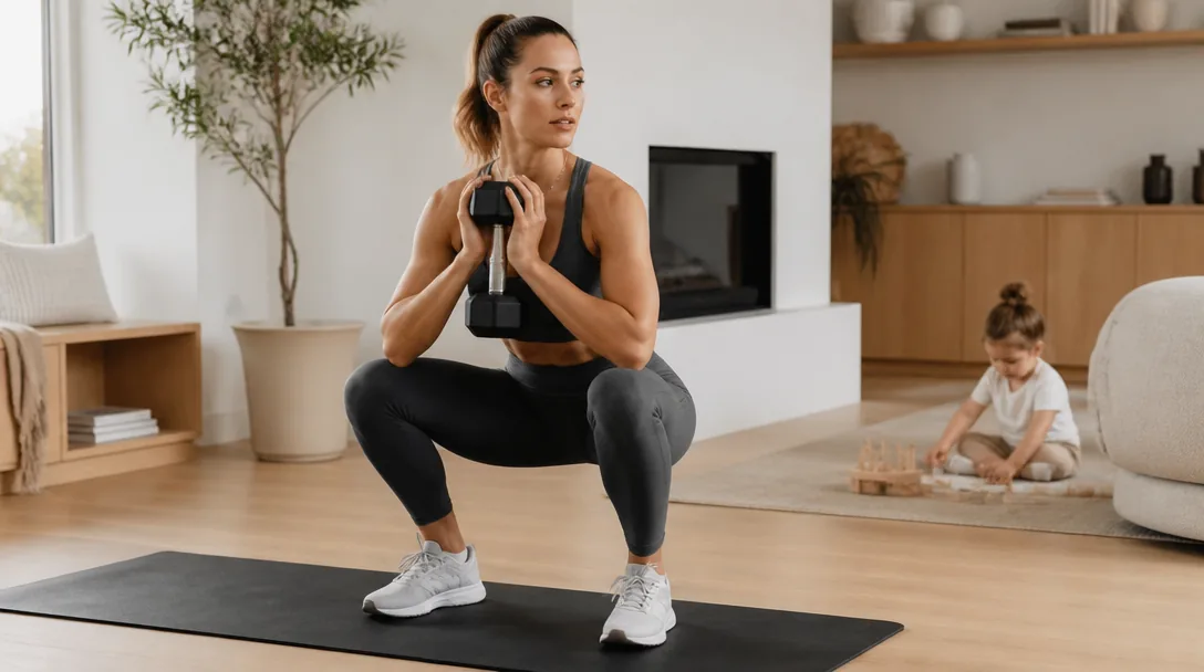 Mamma gör goblet squat med hantel hemma medan barn leker i bakgrunden, ljust vardagsrum