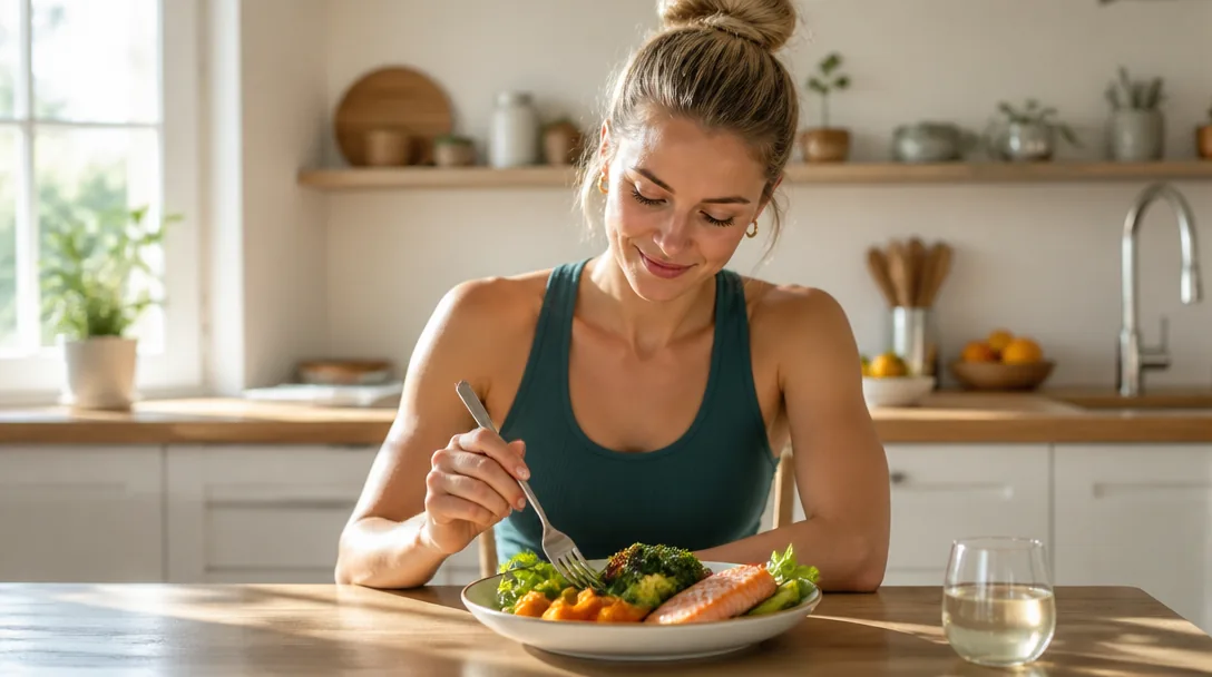 Kvinna äter en balanserad näringsfull måltid hemma, tallrik med grönsaker och protein, skandinaviskt kök