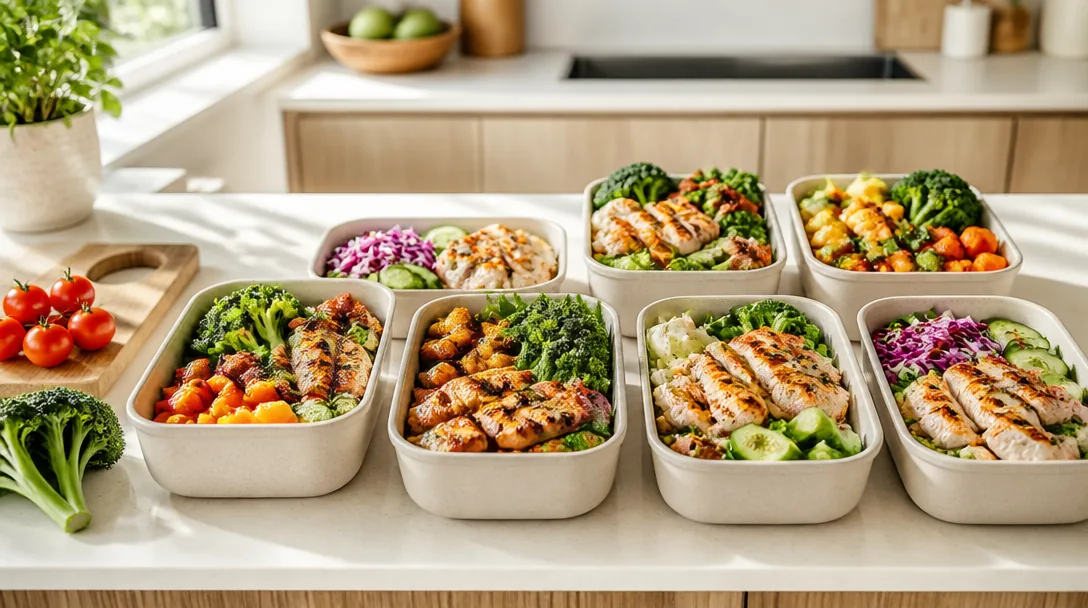 Hälsosam maträtt med grönsaker och protein på ett kök, näringsrik kost för aktiva mammor