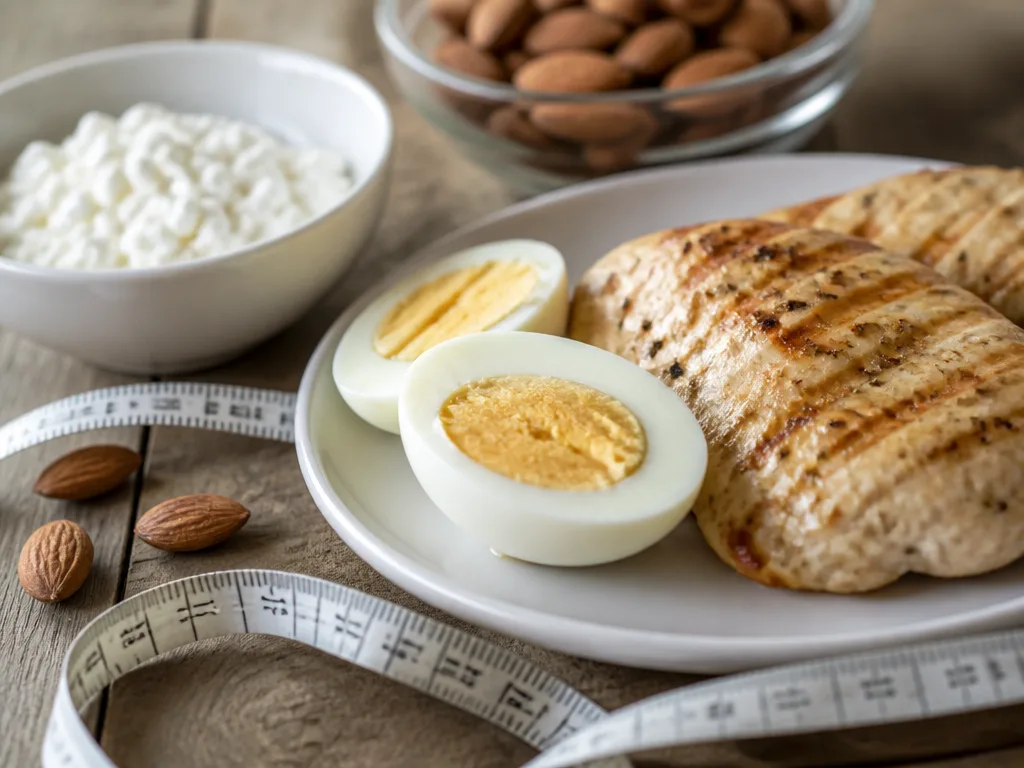 Proteinrik måltid med kycklingbröst, kokta ägg, keso och mandlar upplagt på ett träbord