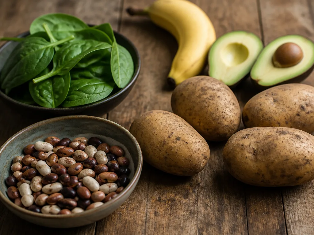 Potatis med skal, avokado, spenat, bönor och banan upplagt på ett träbord, exempel på kaliumrika livsmedel