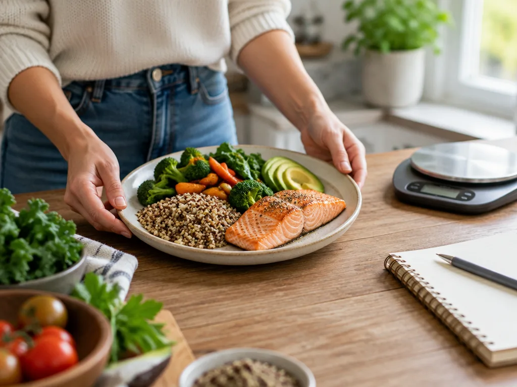Tallrik med lax, quinoa och grönsaker bredvid en köksvåg och en anteckningsbok på ett köksbord