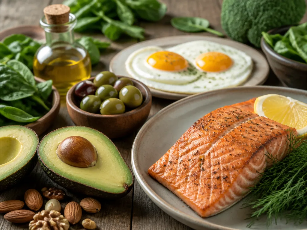 Ketogen måltid med lax, avokado, ägg och gröna grönsaker på träbord i naturligt ljus
