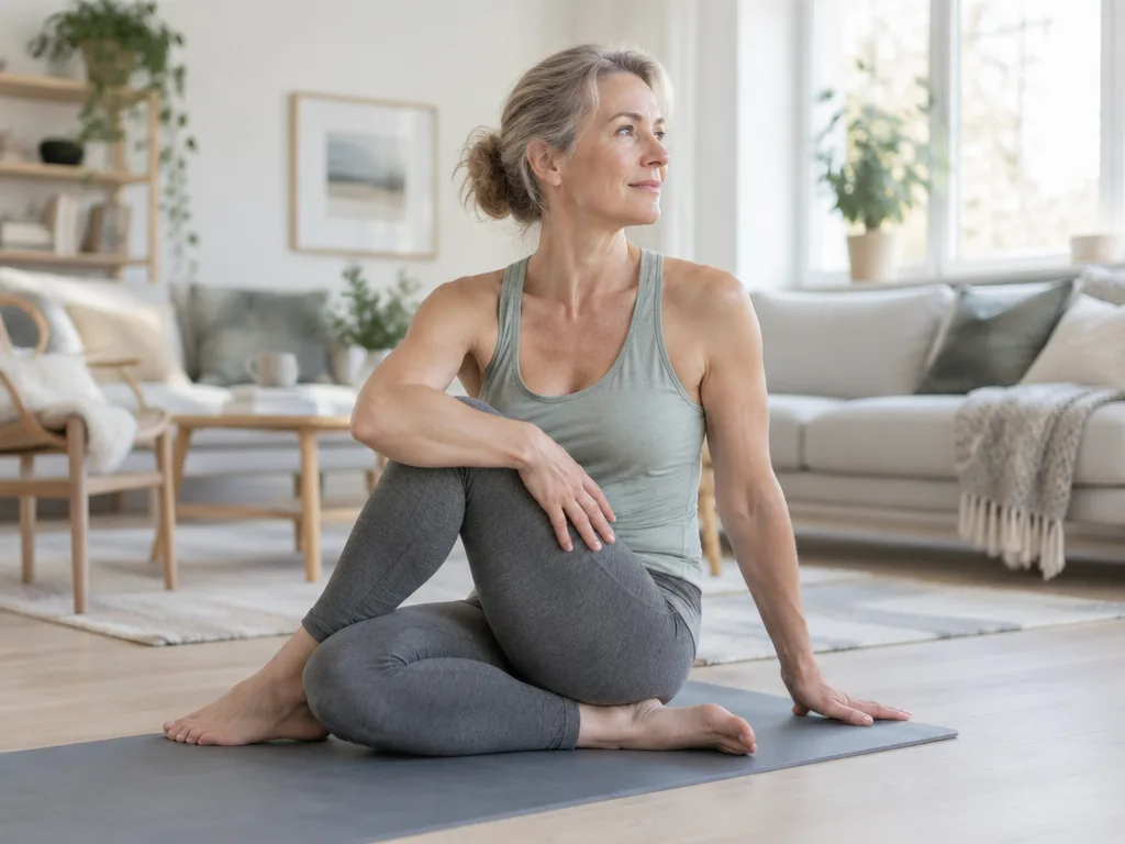 Kvinna i femtioårsåldern sitter på en yogamatta i ett ljust vardagsrum och stretchar höften i mjukt morgonljus