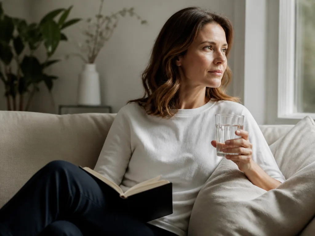 Kvinna i fyrtioårsåldern vilar i soffan vid ett ljust fönster med ett glas vatten och en anteckningsbok i mjukt morgonljus