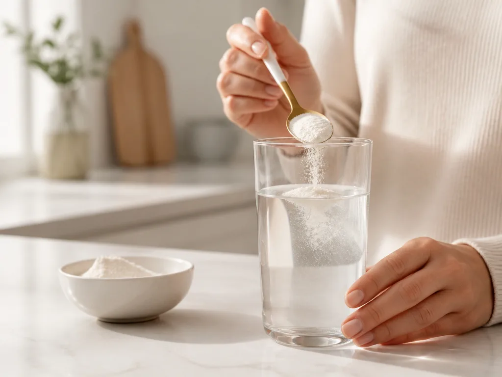 En sked kollagenpulver rörs ner i ett glas vatten på en ljus köksbänk
