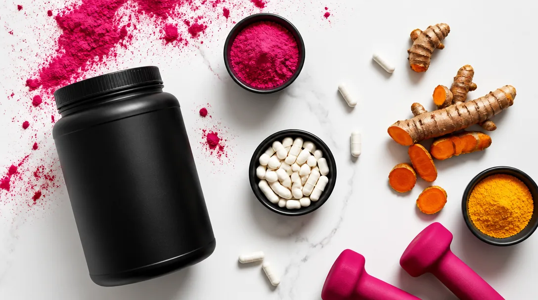 Proteinpulver, BCAA-kapslar och gurkmeja snyggt arrangerade mot en ljus bakgrund