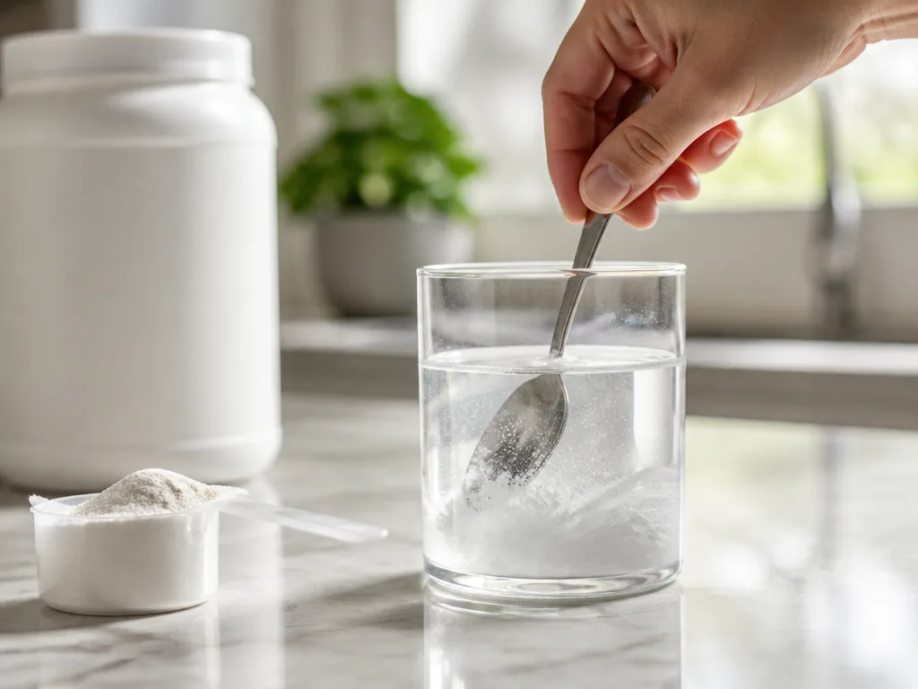 Ett glas vatten med kreatinpulver rörs om med en sked på en ljus köksbänk