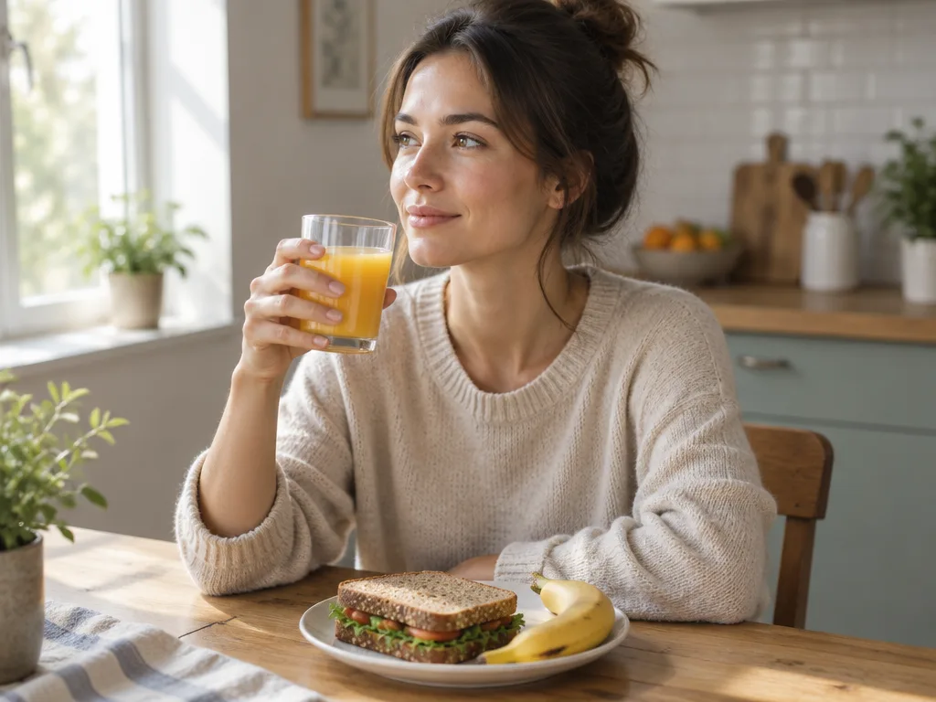 Kvinna vid köksbordet i morgonljus med ett glas apelsinjuice, en fullkornssmörgås och en banan