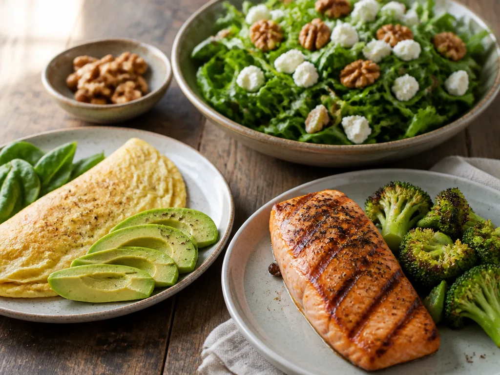 Lchf-maträtter på ett träbord: lax med broccoli, omelett med avokado och grön sallad med fetaost och valnötter i naturligt sidoljus