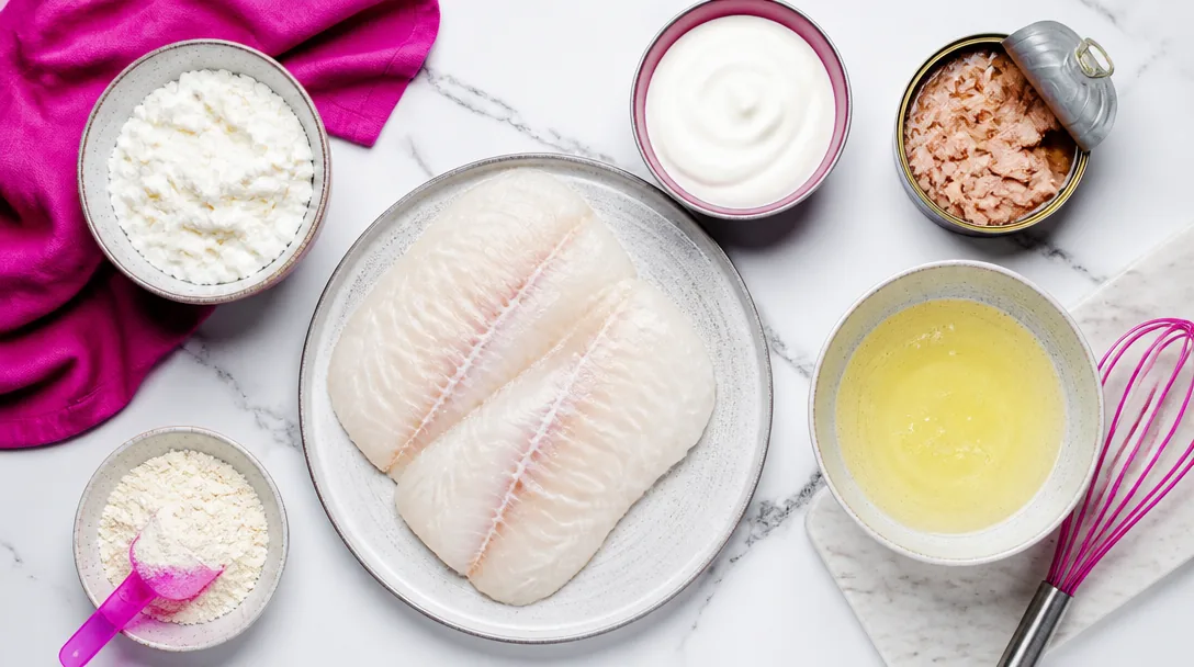 Proteinrik mat upplagd på tallrik — kycklingbröst, ägg, räkor och kvarg på vit bakgrund, ljus och fräsch mat