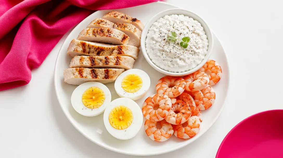 Proteinrik mat upplagd på tallrik – kycklingbröst, ägg, räkor och kvarg, ljus och fräsch