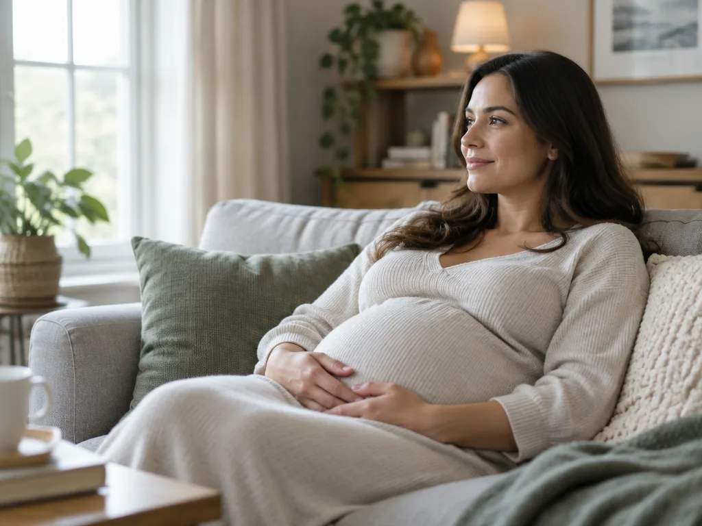 Gravid kvinna vilar i soffan med händerna mot nedre delen av magen i mjukt fönsterljus
