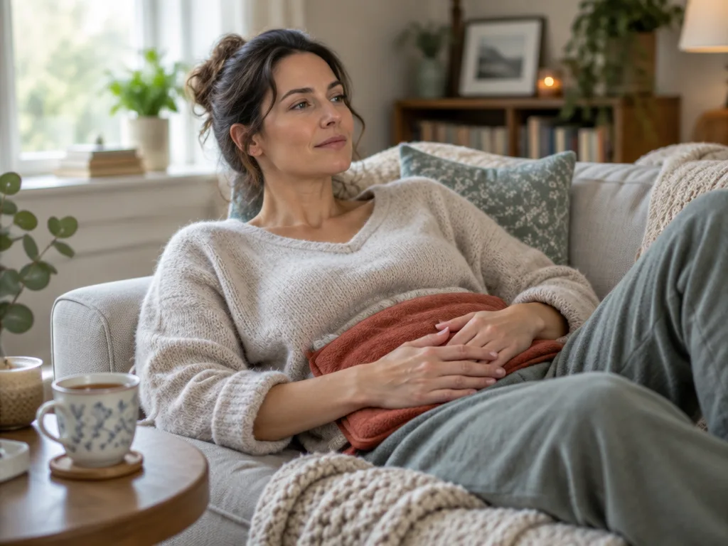 Kvinna vilar i soffan med en värmedyna mot magen och en kopp te bredvid i mjukt fönsterljus