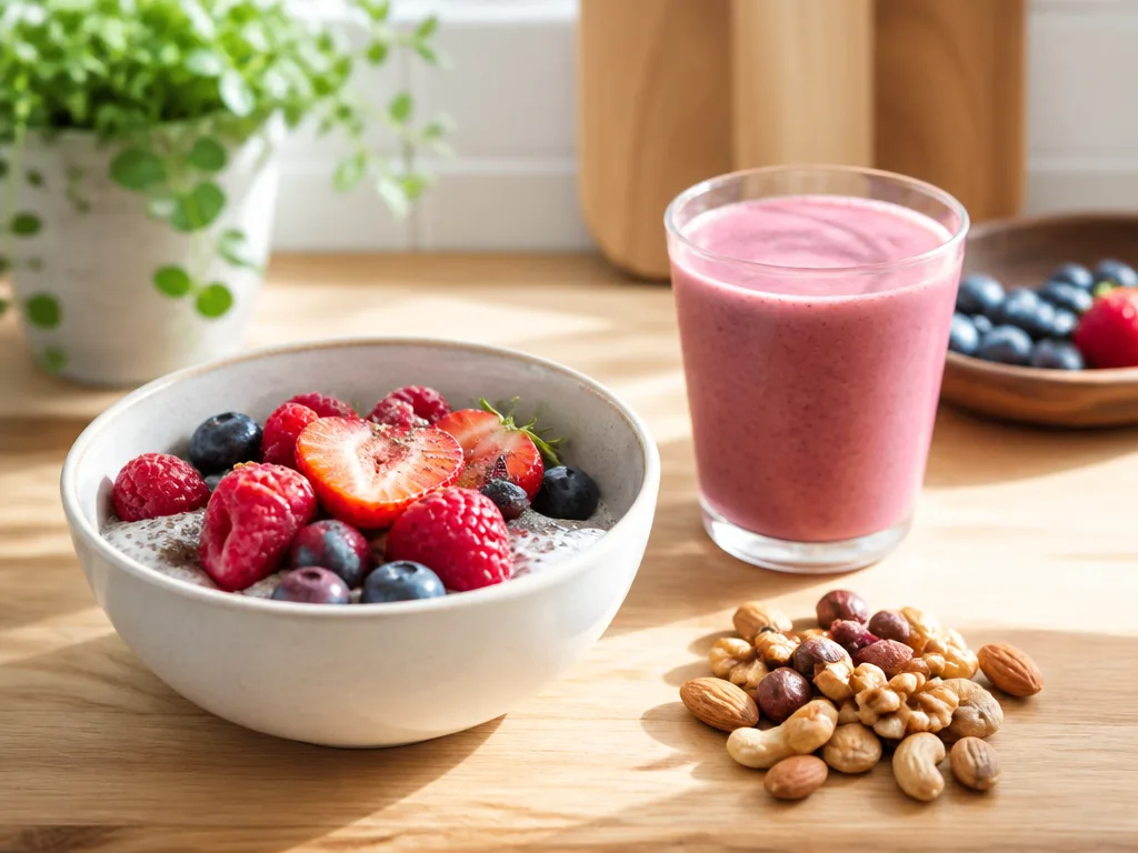 Skål med chiapudding toppad med bär, en smoothie i glas och en hög med nötter på en ljus köksbänk