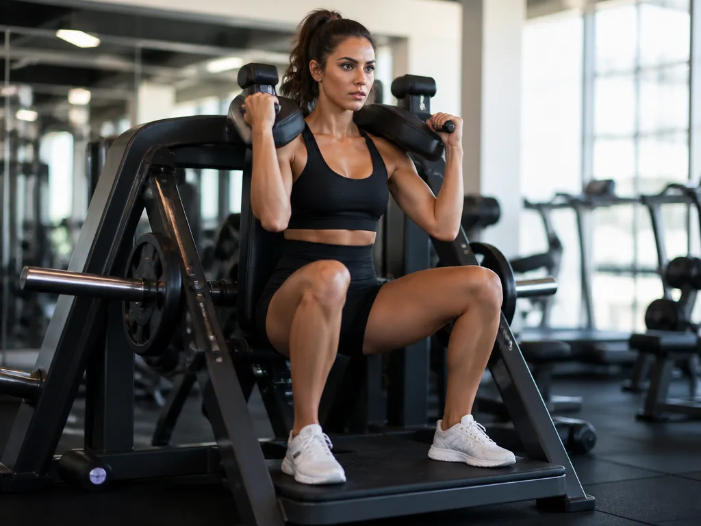 Kvinna utför en maskinbaserad knäböjsövning i ett modernt gym, tränar quadriceps och gluteus