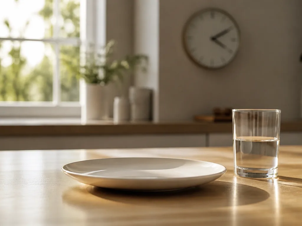 Tomt matbord med ett glas vatten och en klocka i bakgrunden, morgonljus