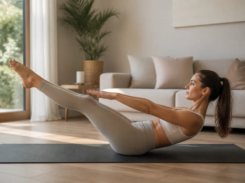 Kvinna utför pilatesövning på yogamatta i ljust vardagsrum med naturligt morgonljus