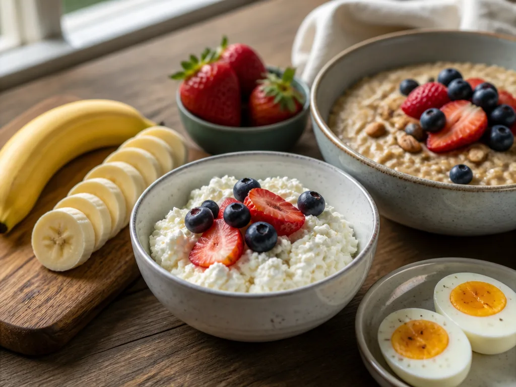 Proteinrik frukost på träbord: kvargbowl med bär, kokta ägg, havregryn och skivad banan i mjukt morgonljus