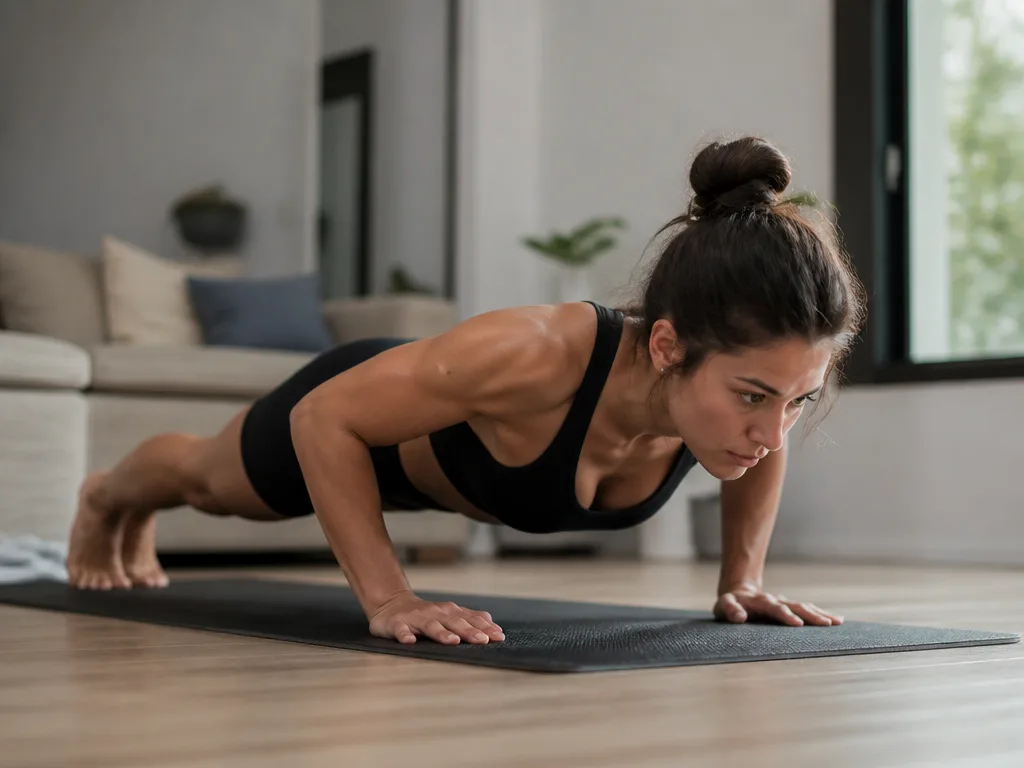 Kvinna utför push up med perfekt teknik på yogamatta hemma, naturligt ljus från fönster
