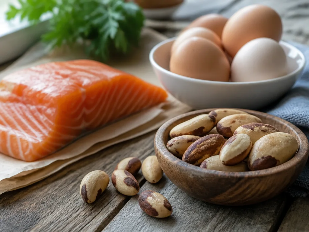 Paranötter, en laxfilé och ägg på ett rustikt köksbord i morgonljus, selenrika livsmedel