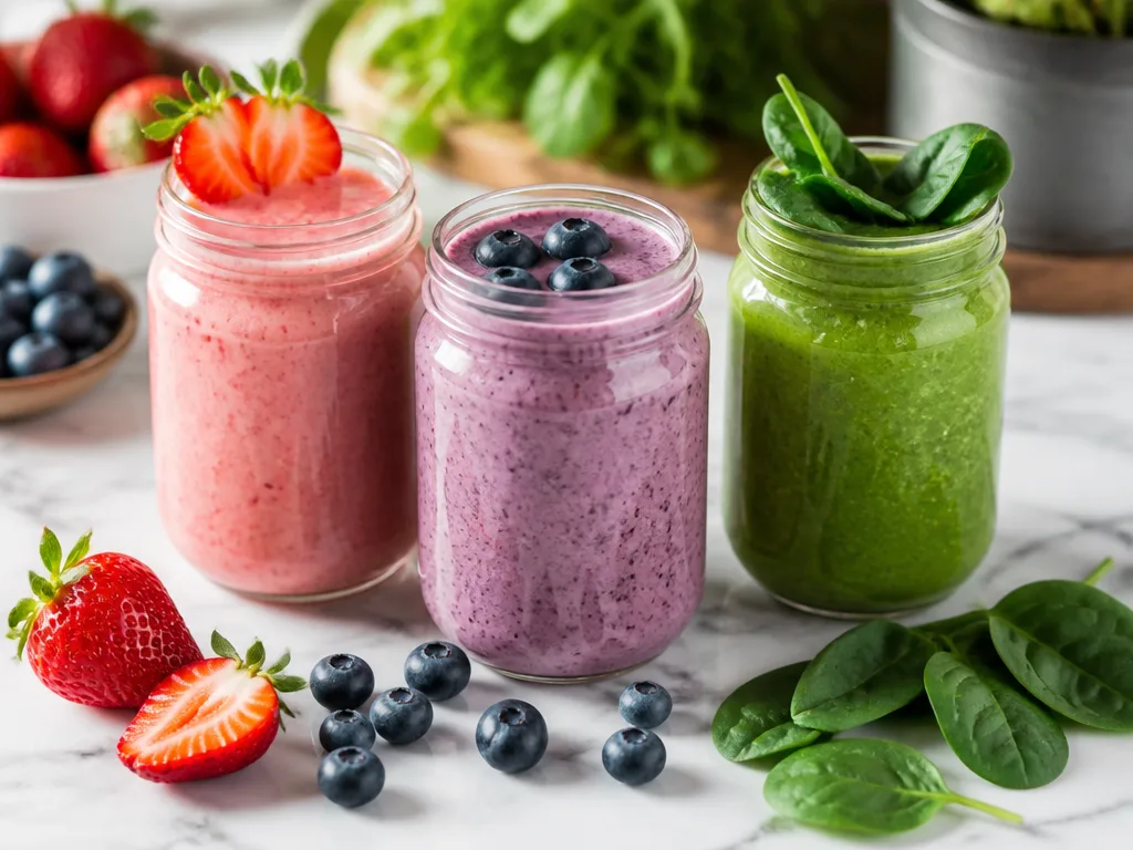 Tre färgglada nyttiga smoothies i glasburkar med färska blåbär, jordgubbar och spenat på ett vitt marmorunderlag