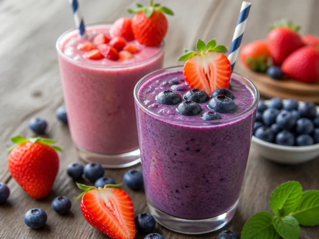 Färgglada fruktsmoothies i glas med färska blåbär och jordgubbar på ett träbord – enkla och nyttiga smoothie recept