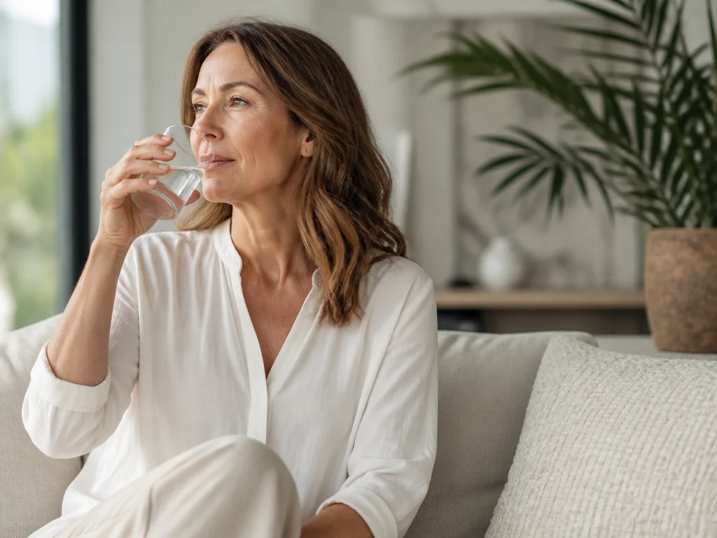 Kvinna i medelåldern kopplar av hemma i mjukt morgonljus med ett glas vatten