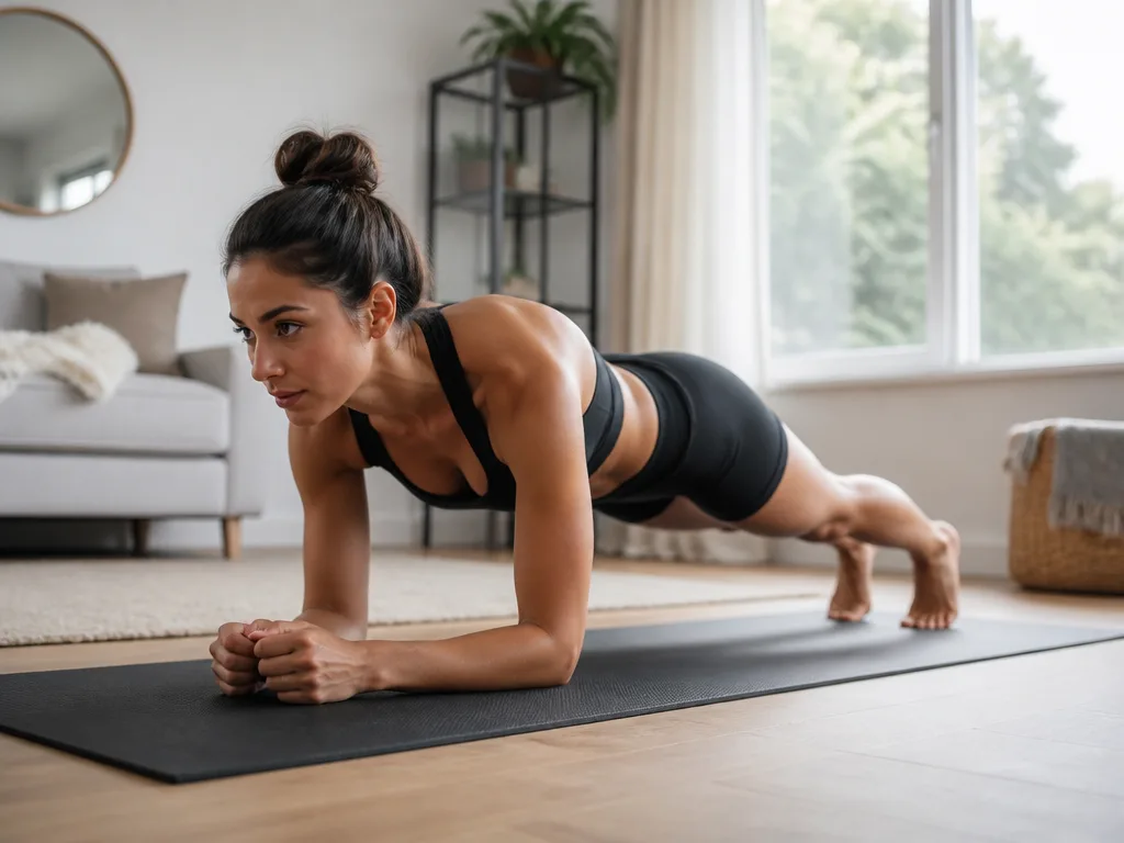 Kvinna gör armhävningar på yogamatta i ljust hemmagym med morgonljus genom fönster