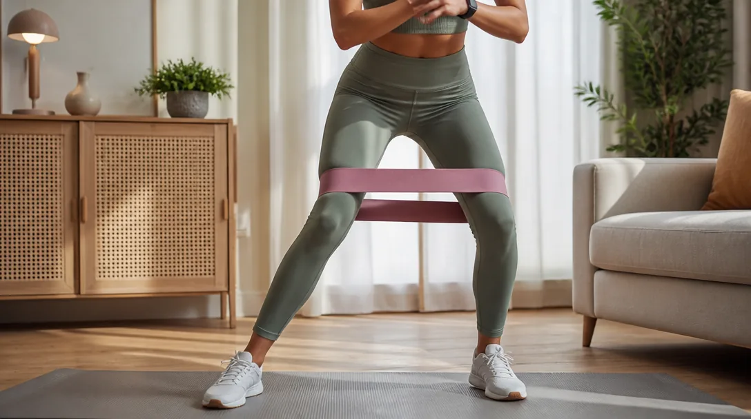 Kvinna gör sidosteg med gummiband runt knäna på träningsmatta hemma