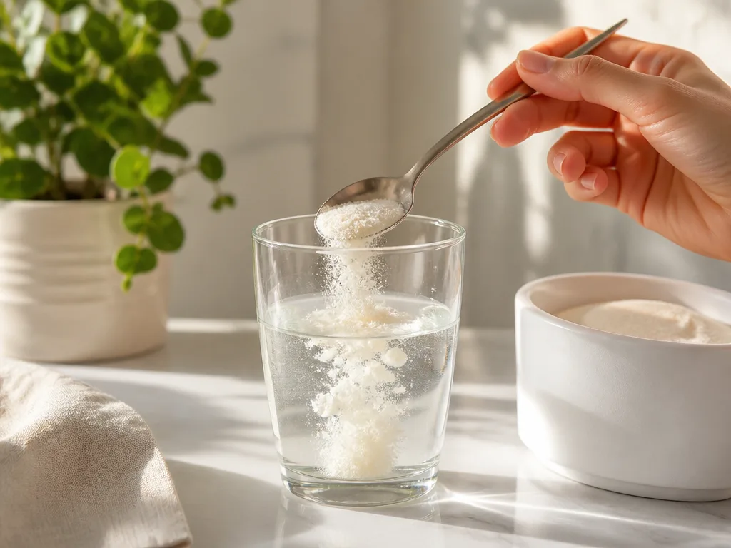 En sked kollagenpulver rörs ner i ett glas vatten på en ljus, minimalistisk köksbänk i morgonljus