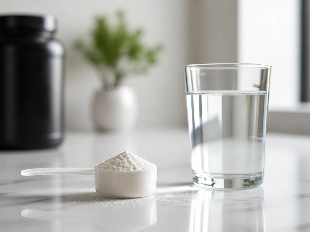 En sked kreatinpulver bredvid ett glas vatten på en ljus köksbänk