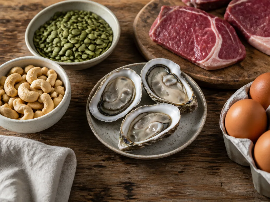 Zinkrik mat upplagd på ett träbord: ostron, pumpafrön, cashewnötter, rött kött och ägg