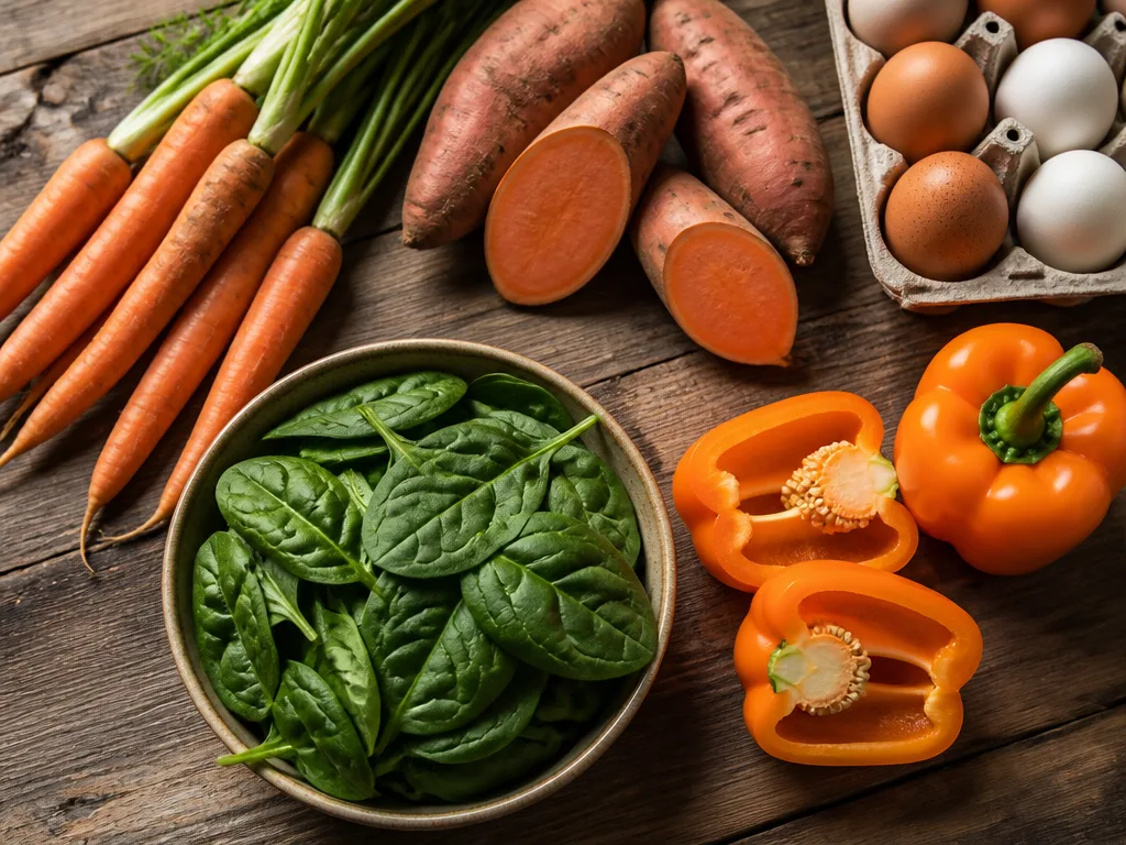 Vitamin A-rika livsmedel som morötter, spenat, ägg och sötpotatis upplagda på ett bord