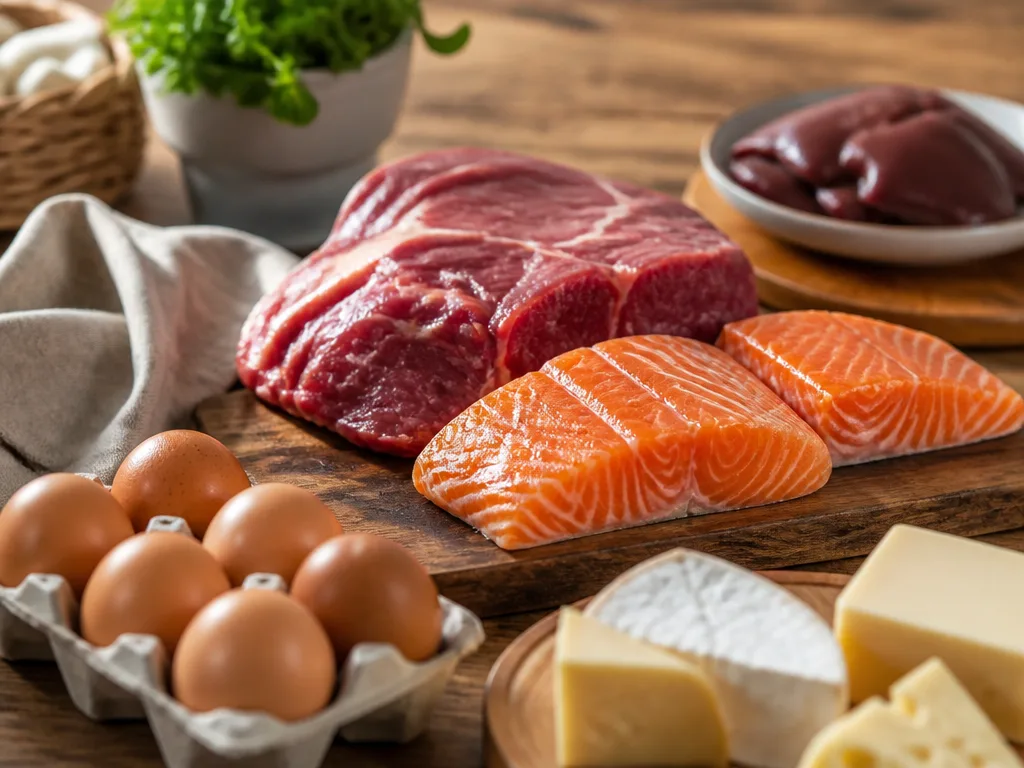 Ett fat med kött, fisk, ägg och ost på ett köksbord i naturligt ljus