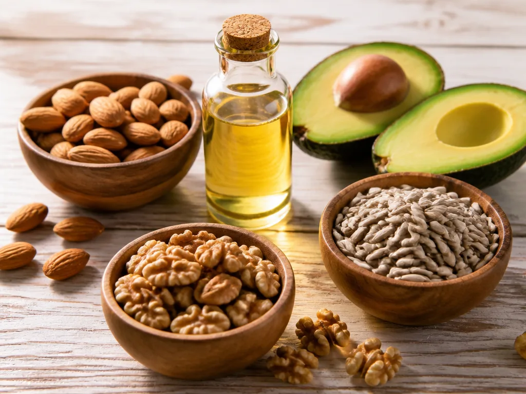Avokado, mandlar, solrosfrön och en flaska olja upplagt på ett träbord, exempel på vitamin E-rika livsmedel