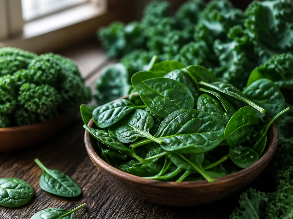 Färsk grönkål och spenat upplagt på ett träbord, exempel på livsmedel rika på K-vitamin