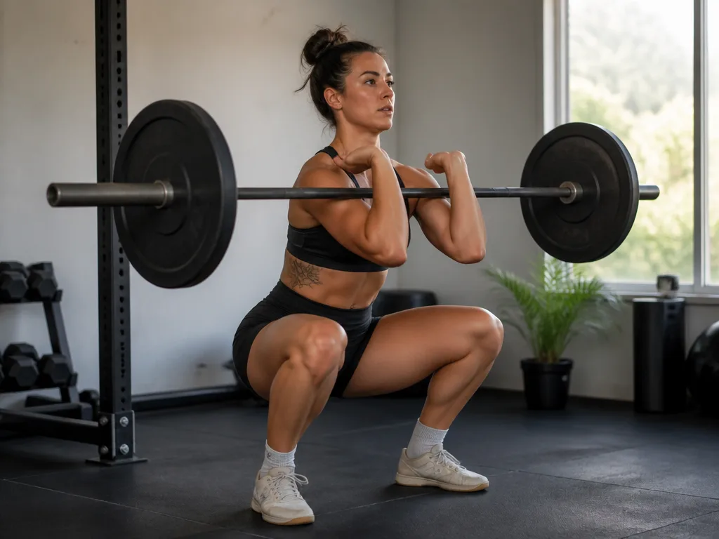 Kvinna utför zercher squat med stången i armvecken i hemmagymet, naturligt ljus